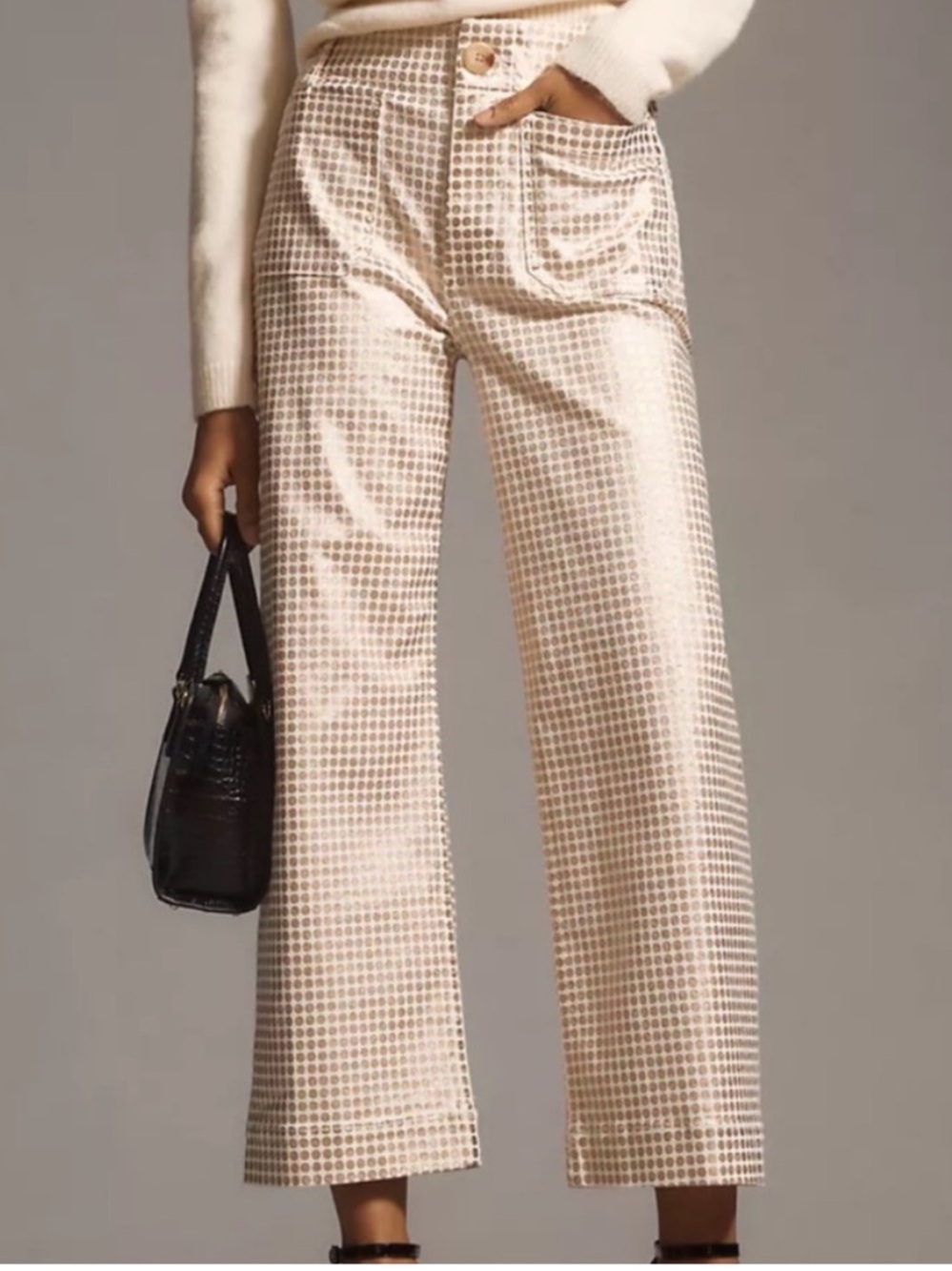 Anthropologie Maeve Colette Denim Cropped Wide Leg Jeans Metallic Gold Dot 28T